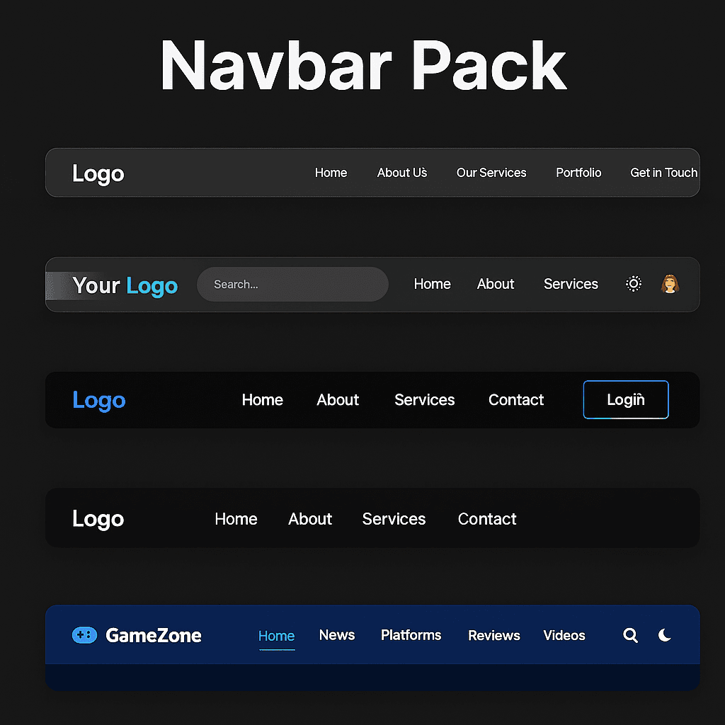 Responsive Navbar UI Pack – 5 Modern Designs